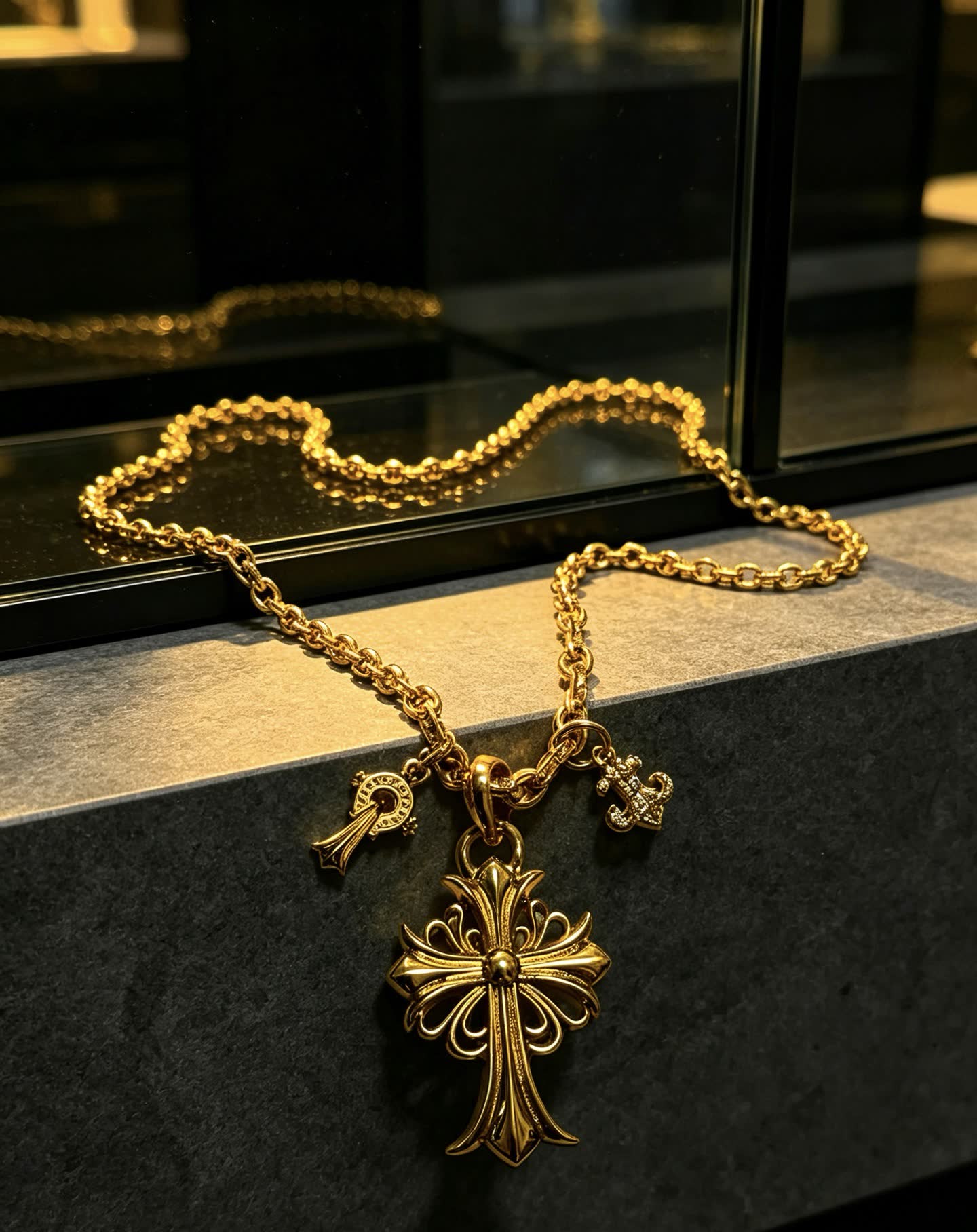 Chrome Hearts Gold-Plated Cross Pendant Necklace